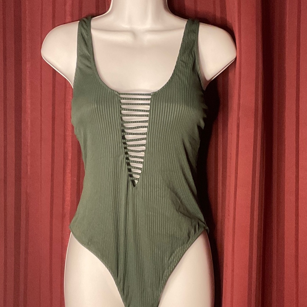 YMI Olive Green Ribbed Strappy One-Piece Swim